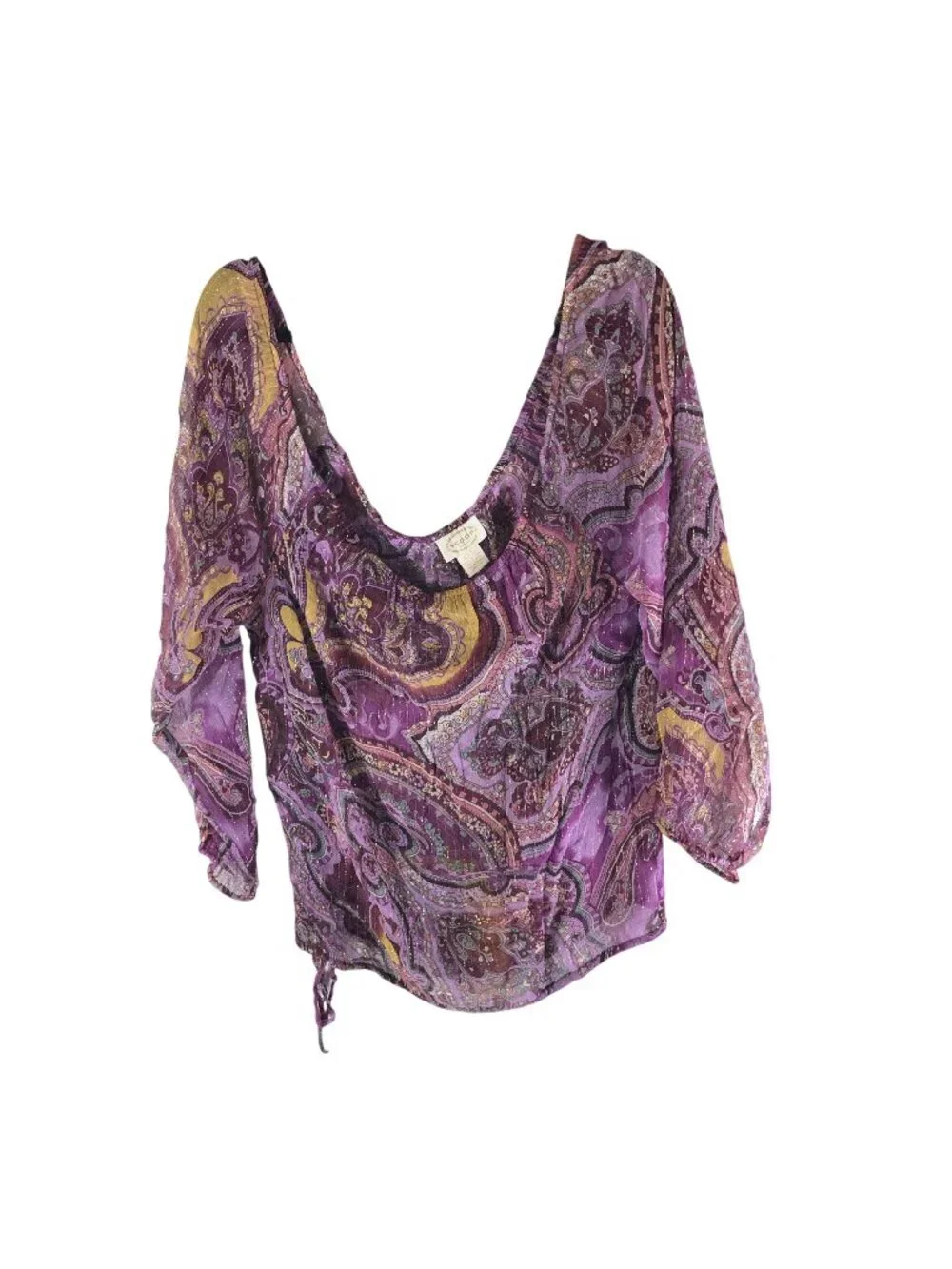 Scoop Beach Womens Paisley Sheer Silk Top Cover Up Tie Waist Purple & Yellow S
